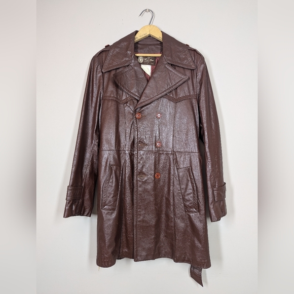 Vintage 1970s Brown Leather Trench Coat Size 40 Plaid Wool Lined Double Breasted - Picture 2 of 10